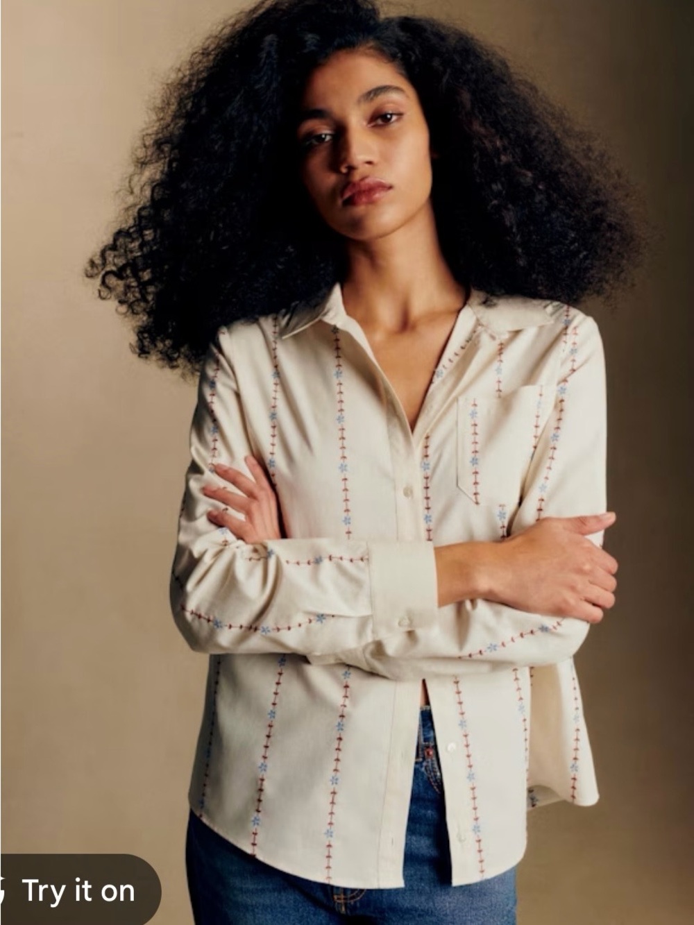Sezane tomboy Classic Cream Button-Down Shirt with Vertical Embroidered Stripe